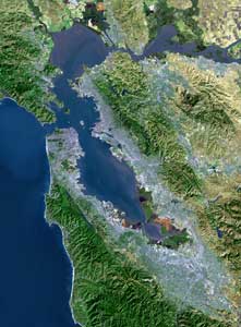 [Satellite photo of the San Francisco Bay Area from www.sfbayquakes.org]